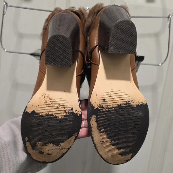 JustFab McKinley Brown Block 3 Inch Heel Boots with Faux Fur Cuff - Picture 11 of 15